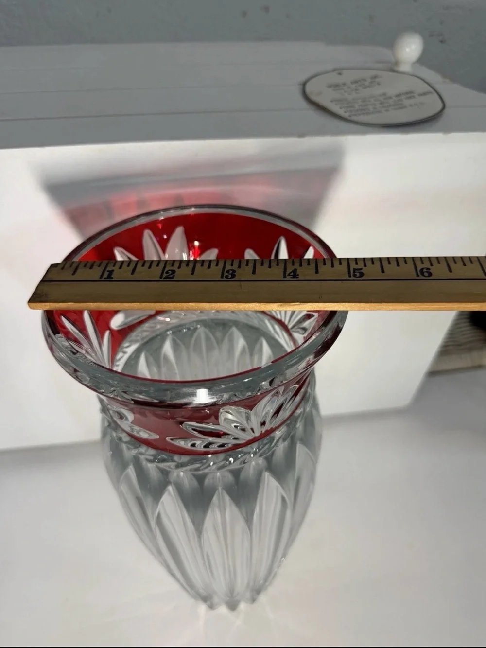 Clear Cut Crystal Vase with Red Rim Accent